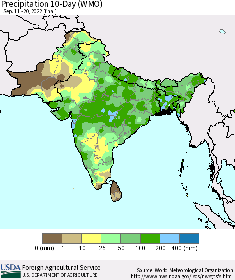 Southern Asia Precipitation 10-Day (WMO) Thematic Map For 9/11/2022 - 9/20/2022