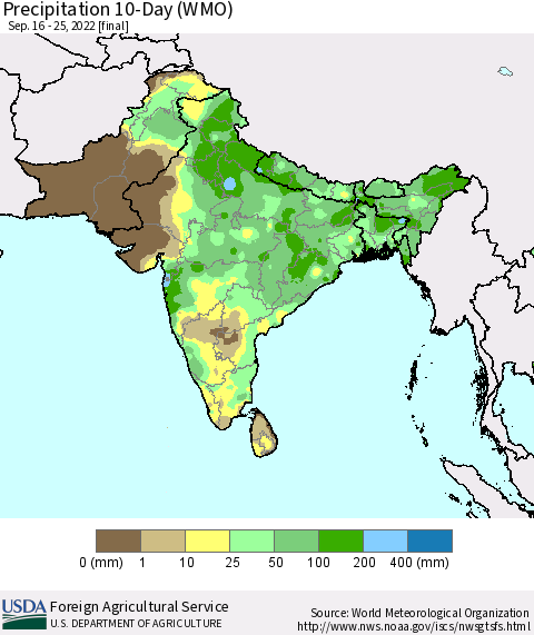Southern Asia Precipitation 10-Day (WMO) Thematic Map For 9/16/2022 - 9/25/2022