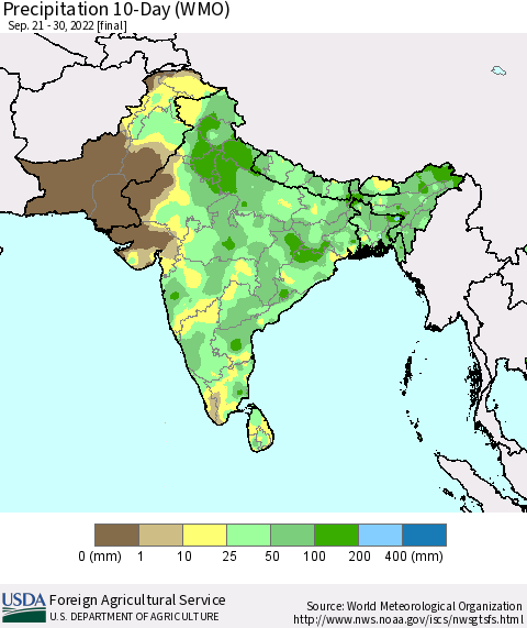 Southern Asia Precipitation 10-Day (WMO) Thematic Map For 9/21/2022 - 9/30/2022