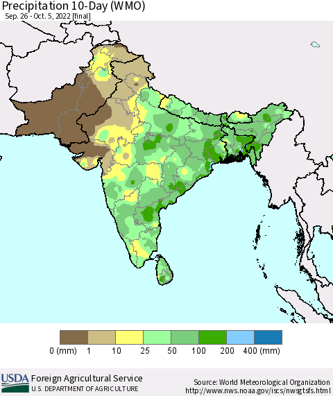 Southern Asia Precipitation 10-Day (WMO) Thematic Map For 9/26/2022 - 10/5/2022