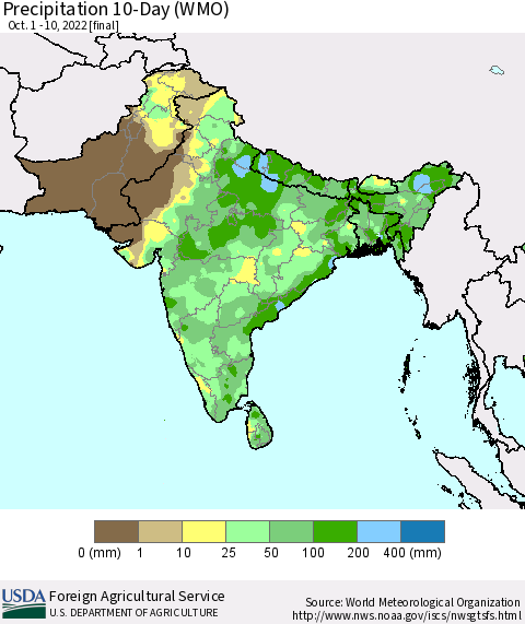 Southern Asia Precipitation 10-Day (WMO) Thematic Map For 10/1/2022 - 10/10/2022