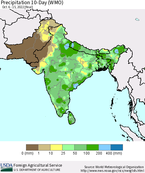 Southern Asia Precipitation 10-Day (WMO) Thematic Map For 10/6/2022 - 10/15/2022