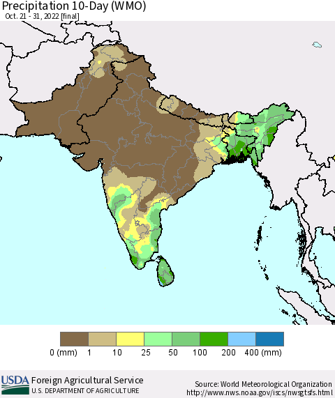 Southern Asia Precipitation 10-Day (WMO) Thematic Map For 10/21/2022 - 10/31/2022