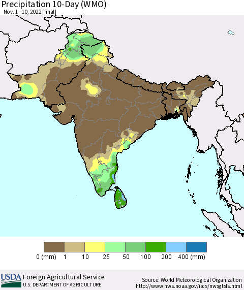 Southern Asia Precipitation 10-Day (WMO) Thematic Map For 11/1/2022 - 11/10/2022