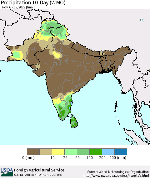 Southern Asia Precipitation 10-Day (WMO) Thematic Map For 11/6/2022 - 11/15/2022