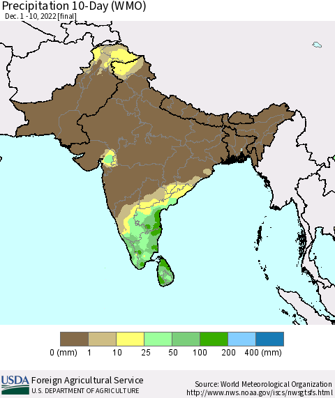 Southern Asia Precipitation 10-Day (WMO) Thematic Map For 12/1/2022 - 12/10/2022