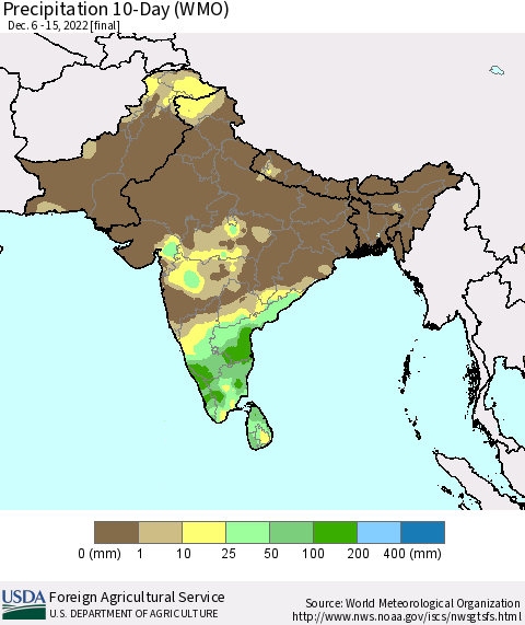Southern Asia Precipitation 10-Day (WMO) Thematic Map For 12/6/2022 - 12/15/2022