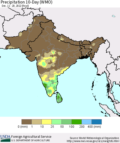 Southern Asia Precipitation 10-Day (WMO) Thematic Map For 12/11/2022 - 12/20/2022