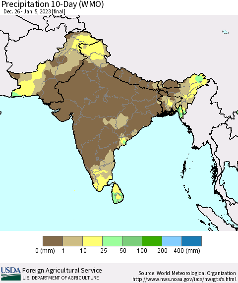 Southern Asia Precipitation 10-Day (WMO) Thematic Map For 12/26/2022 - 1/5/2023