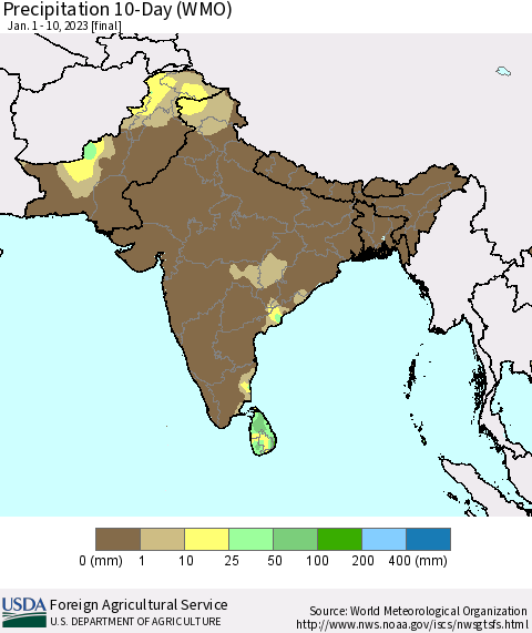 Southern Asia Precipitation 10-Day (WMO) Thematic Map For 1/1/2023 - 1/10/2023