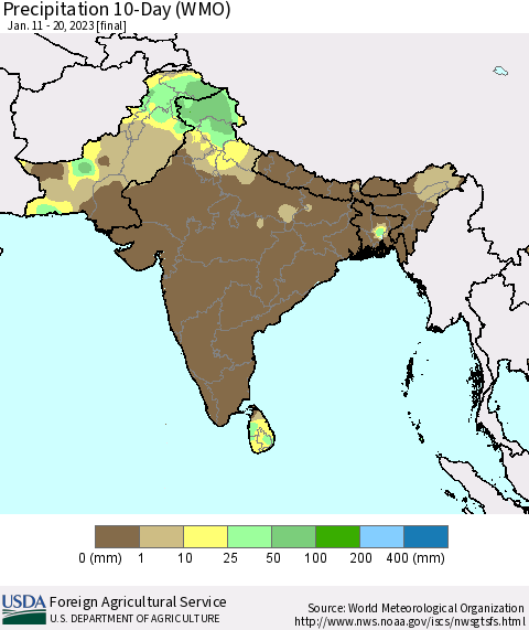 Southern Asia Precipitation 10-Day (WMO) Thematic Map For 1/11/2023 - 1/20/2023