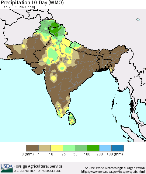 Southern Asia Precipitation 10-Day (WMO) Thematic Map For 1/21/2023 - 1/31/2023