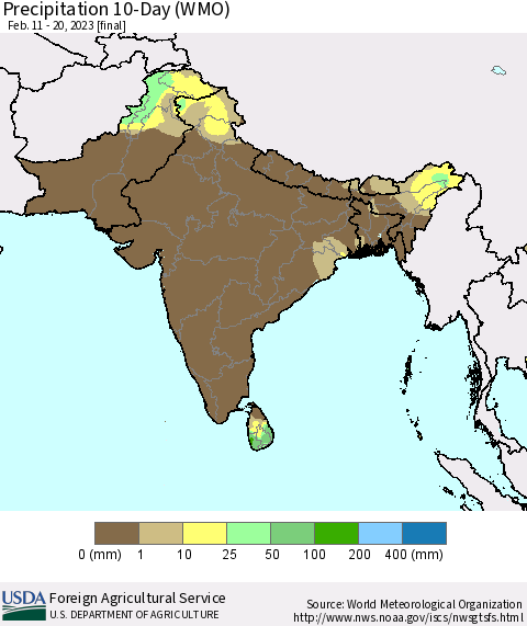 Southern Asia Precipitation 10-Day (WMO) Thematic Map For 2/11/2023 - 2/20/2023