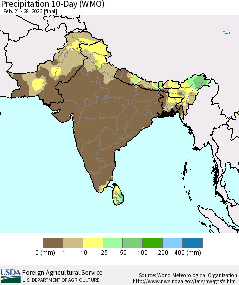 Southern Asia Precipitation 10-Day (WMO) Thematic Map For 2/21/2023 - 2/28/2023