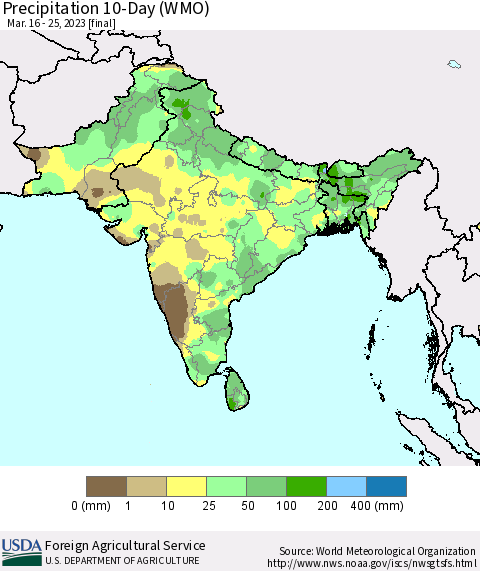 Southern Asia Precipitation 10-Day (WMO) Thematic Map For 3/16/2023 - 3/25/2023
