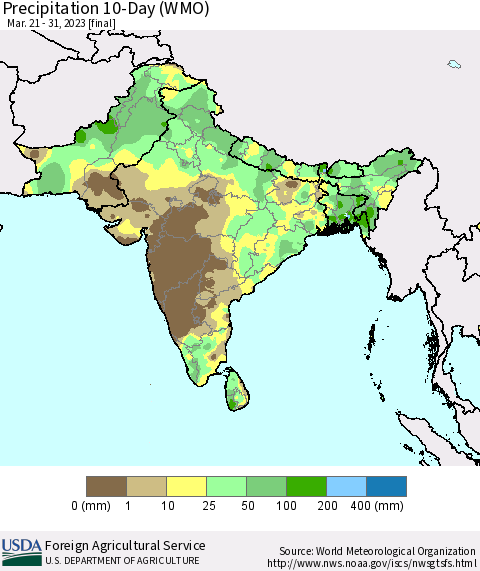 Southern Asia Precipitation 10-Day (WMO) Thematic Map For 3/21/2023 - 3/31/2023