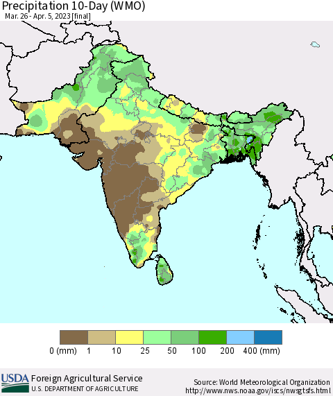 Southern Asia Precipitation 10-Day (WMO) Thematic Map For 3/26/2023 - 4/5/2023