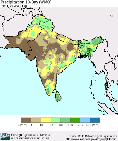 Southern Asia Precipitation 10-Day (WMO) Thematic Map For 4/1/2023 - 4/10/2023