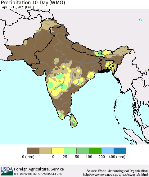 Southern Asia Precipitation 10-Day (WMO) Thematic Map For 4/6/2023 - 4/15/2023