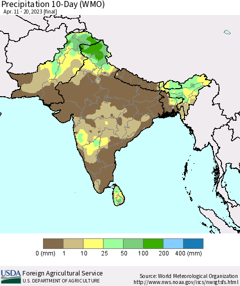 Southern Asia Precipitation 10-Day (WMO) Thematic Map For 4/11/2023 - 4/20/2023