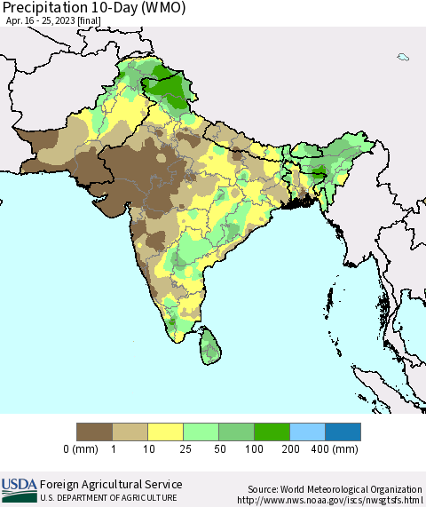 Southern Asia Precipitation 10-Day (WMO) Thematic Map For 4/16/2023 - 4/25/2023