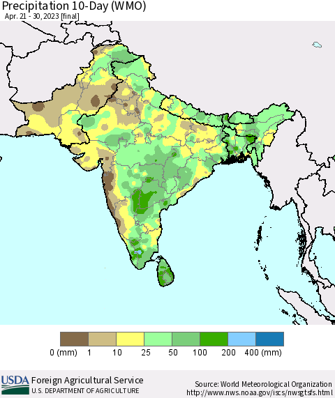 Southern Asia Precipitation 10-Day (WMO) Thematic Map For 4/21/2023 - 4/30/2023