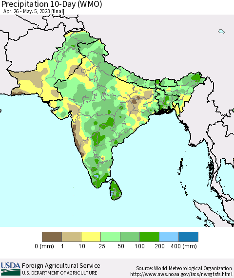 Southern Asia Precipitation 10-Day (WMO) Thematic Map For 4/26/2023 - 5/5/2023