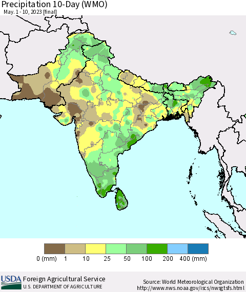 Southern Asia Precipitation 10-Day (WMO) Thematic Map For 5/1/2023 - 5/10/2023