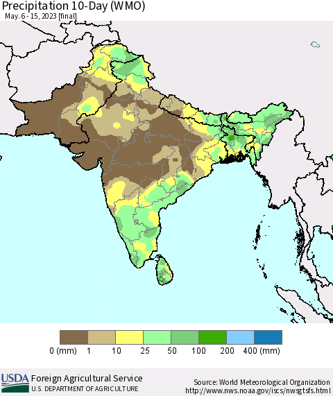 Southern Asia Precipitation 10-Day (WMO) Thematic Map For 5/6/2023 - 5/15/2023