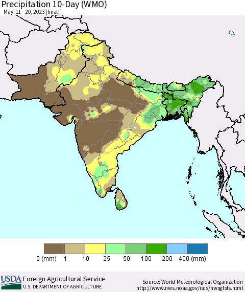 Southern Asia Precipitation 10-Day (WMO) Thematic Map For 5/11/2023 - 5/20/2023