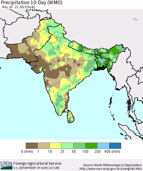 Southern Asia Precipitation 10-Day (WMO) Thematic Map For 5/16/2023 - 5/25/2023