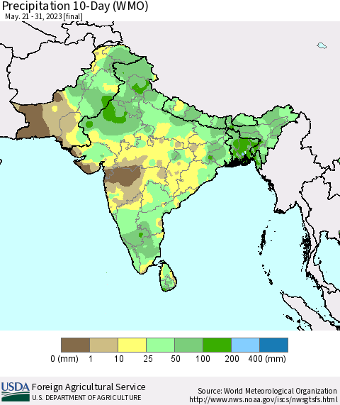 Southern Asia Precipitation 10-Day (WMO) Thematic Map For 5/21/2023 - 5/31/2023