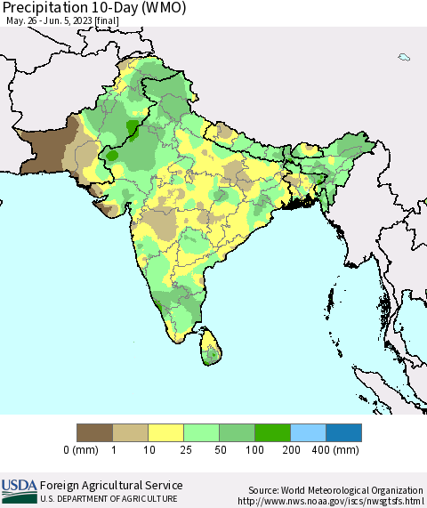 Southern Asia Precipitation 10-Day (WMO) Thematic Map For 5/26/2023 - 6/5/2023