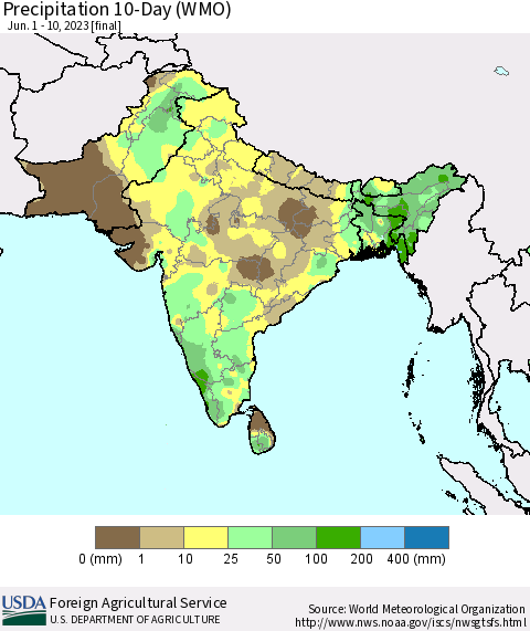 Southern Asia Precipitation 10-Day (WMO) Thematic Map For 6/1/2023 - 6/10/2023