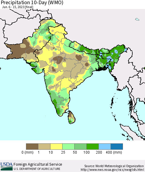 Southern Asia Precipitation 10-Day (WMO) Thematic Map For 6/6/2023 - 6/15/2023