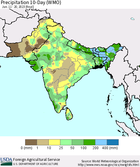 Southern Asia Precipitation 10-Day (WMO) Thematic Map For 6/11/2023 - 6/20/2023