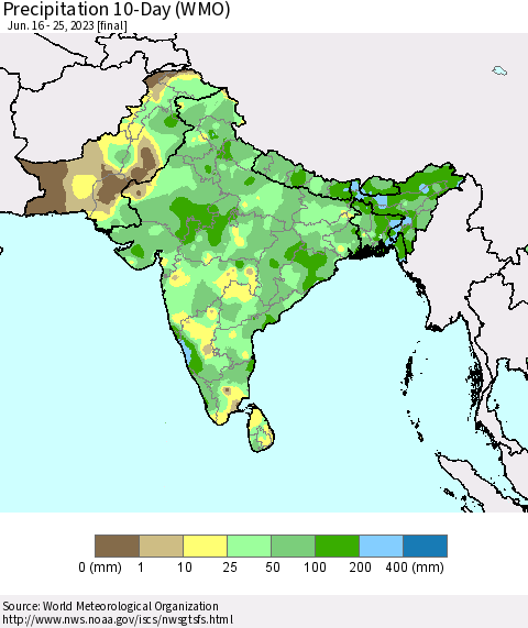 Southern Asia Precipitation 10-Day (WMO) Thematic Map For 6/16/2023 - 6/25/2023