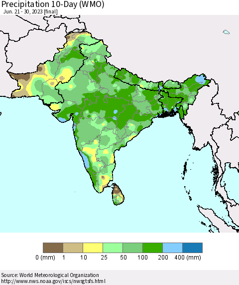 Southern Asia Precipitation 10-Day (WMO) Thematic Map For 6/21/2023 - 6/30/2023