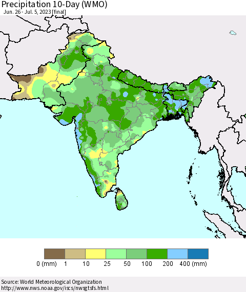 Southern Asia Precipitation 10-Day (WMO) Thematic Map For 6/26/2023 - 7/5/2023