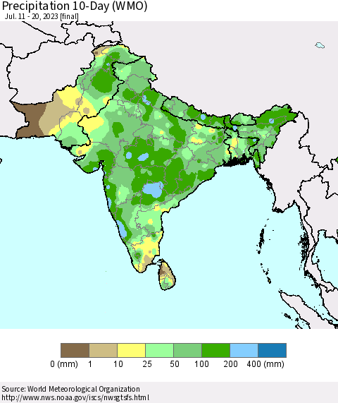 Southern Asia Precipitation 10-Day (WMO) Thematic Map For 7/11/2023 - 7/20/2023