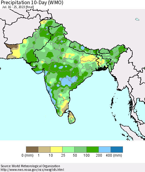 Southern Asia Precipitation 10-Day (WMO) Thematic Map For 7/16/2023 - 7/25/2023
