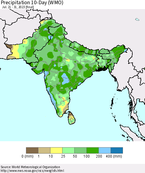 Southern Asia Precipitation 10-Day (WMO) Thematic Map For 7/21/2023 - 7/31/2023