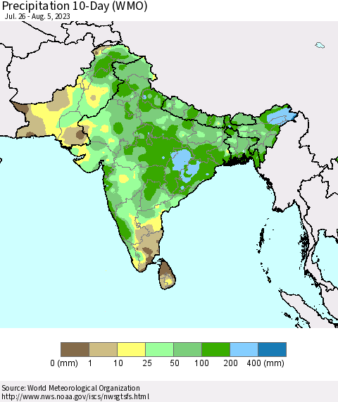 Southern Asia Precipitation 10-Day (WMO) Thematic Map For 7/26/2023 - 8/5/2023