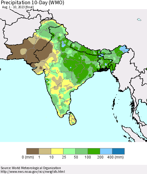 Southern Asia Precipitation 10-Day (WMO) Thematic Map For 8/1/2023 - 8/10/2023