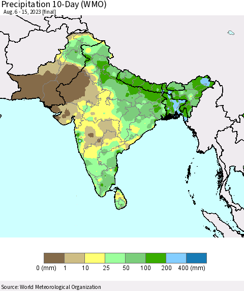 Southern Asia Precipitation 10-Day (WMO) Thematic Map For 8/6/2023 - 8/15/2023