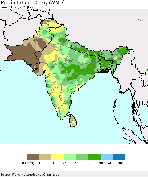 Southern Asia Precipitation 10-Day (WMO) Thematic Map For 8/11/2023 - 8/20/2023