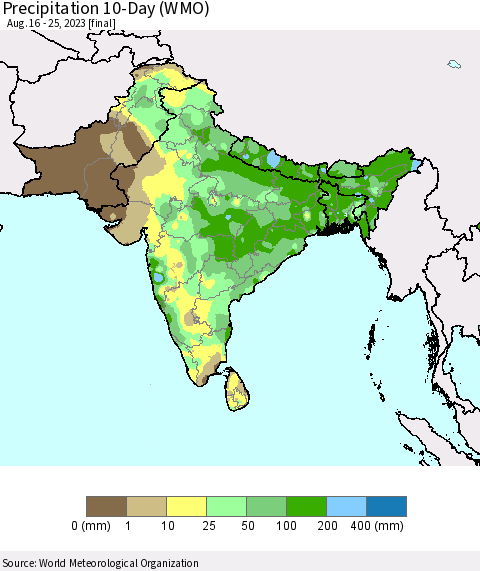 Southern Asia Precipitation 10-Day (WMO) Thematic Map For 8/16/2023 - 8/25/2023