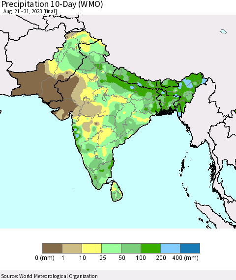 Southern Asia Precipitation 10-Day (WMO) Thematic Map For 8/21/2023 - 8/31/2023