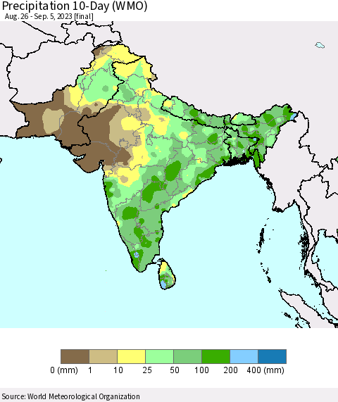 Southern Asia Precipitation 10-Day (WMO) Thematic Map For 8/26/2023 - 9/5/2023