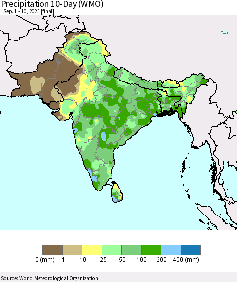 Southern Asia Precipitation 10-Day (WMO) Thematic Map For 9/1/2023 - 9/10/2023